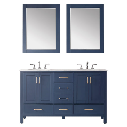 Vinnova Gela 60" Double Vanity in Royal Blue with Carrara White Marble Countertop - Luxe Bathroom Vanities