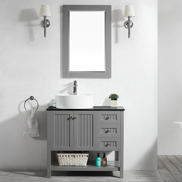 Vinnova Modena 36” Vanity in Grey with Glass Countertop with White Vessel Sink - Luxe Bathroom Vanities