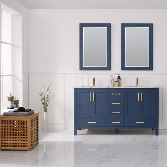 Vinnova Shannon 60" Double Vanity in Royal Blue and Composite Carrara White Stone Countertop - Luxe Bathroom Vanities