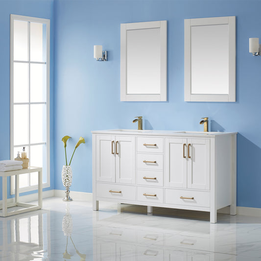Vinnova Shannon 60" Double Vanity in White and Composite Carrara White Stone Countertop - Luxe Bathroom Vanities
