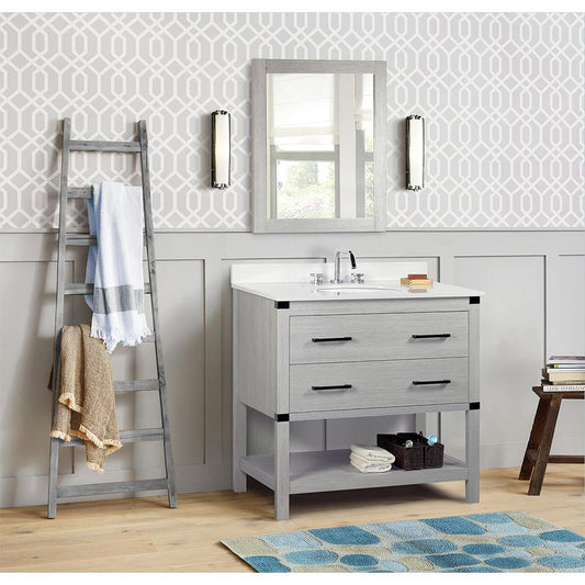 37" Single Vanity In Gray Pine Finish Top With White Quartz And Oval Sink - Luxe Bathroom Vanities