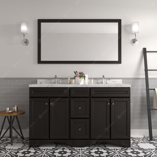Virtu USA Talisa 60" Double Bath Vanity in White with White Quartz Top and Square Sinks with Polished Chrome Faucets with Matching Mirror - Luxe Bathroom Vanities