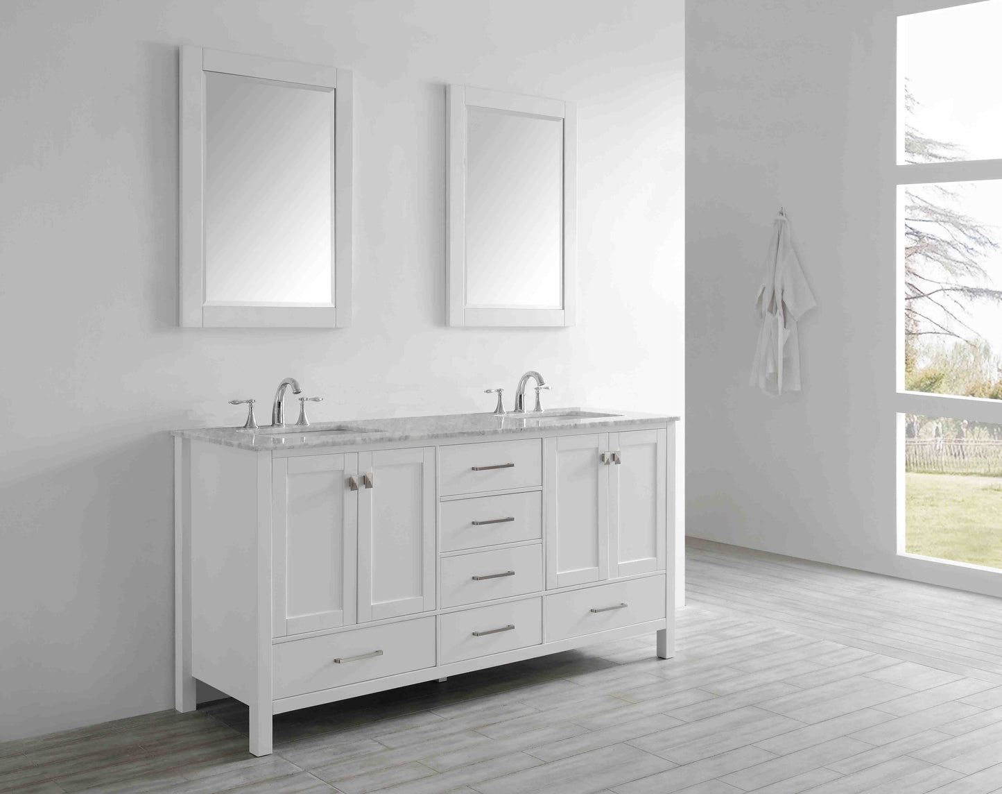 Eviva Aberdeen 78" Transitional White Bathroom Vanity with White Carrera Countertop - Luxe Bathroom Vanities Luxury Bathroom Fixtures Bathroom Furniture