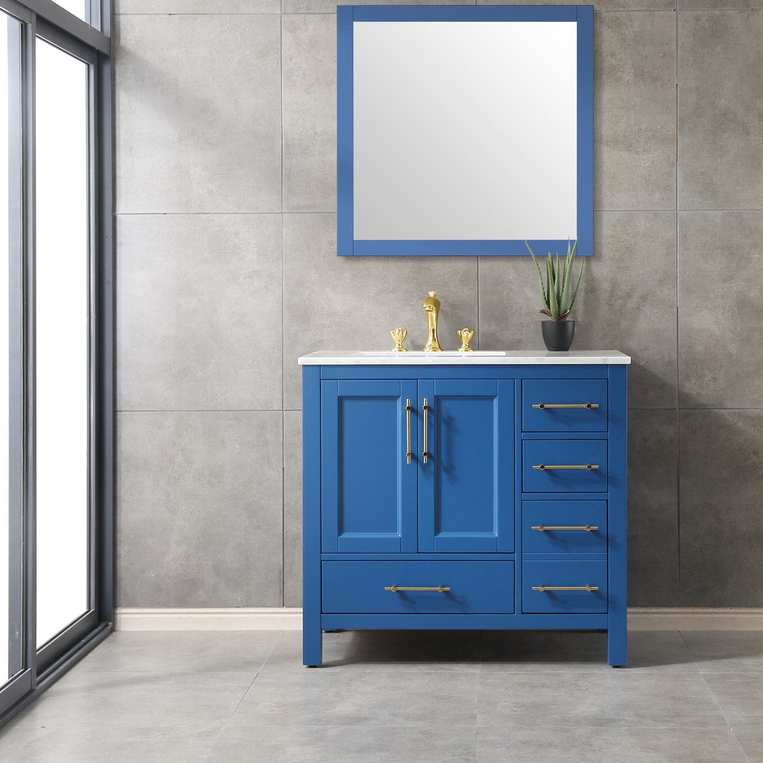 Eviva Navy 36 Deep Blue Transitional Bathroom Vanity w/ White Carrara