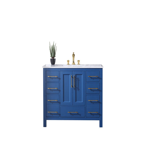 Eviva Navy 42 inch Deep Blue Bathroom Vanity with White Carrera Counter-top and White Undermount Porcelain Sink - Luxe Bathroom Vanities Luxury Bathroom Fixtures Bathroom Furniture