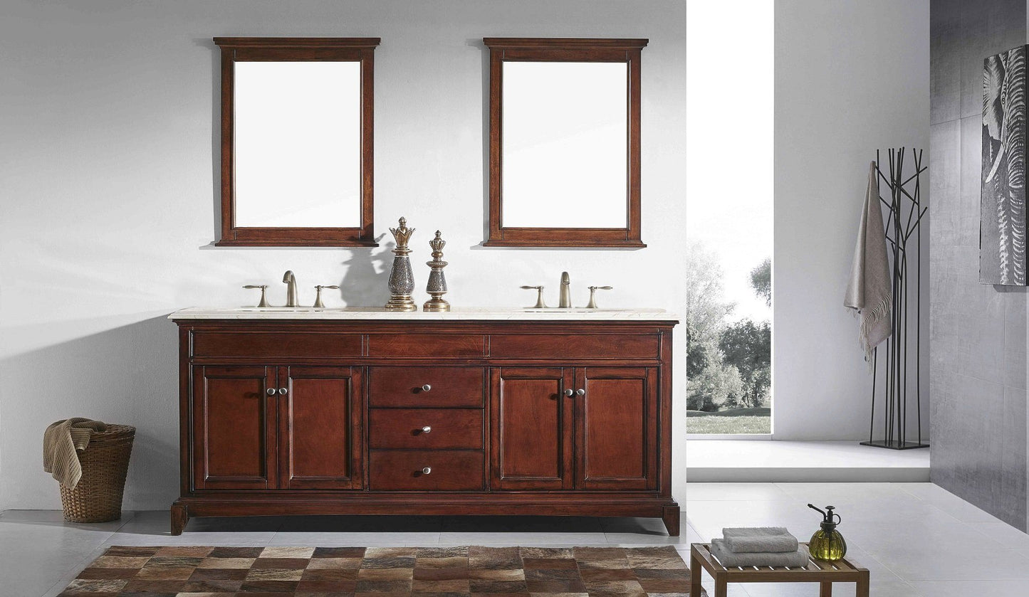 Eviva Elite Stamford 72" Brown Solid Wood Bathroom Vanity Set with Double OG Crema Marfil Marble Top & White Undermount Porcelain Sinks - Luxe Bathroom Vanities Luxury Bathroom Fixtures Bathroom Furniture