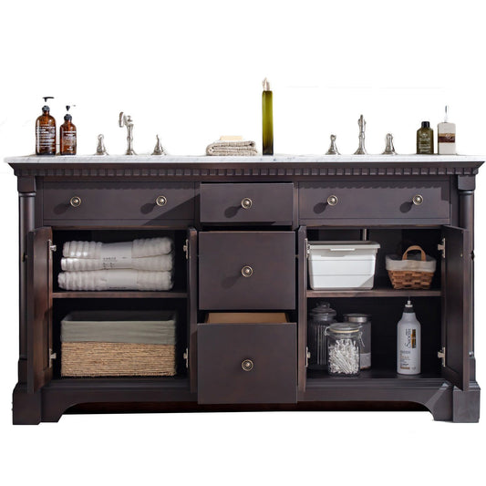 Eviva Preston 73 in. Aged Chocolate Bathroom Vanity with White Carrara Marble Countertop and Double Undermount Sinks - Luxe Bathroom Vanities Luxury Bathroom Fixtures Bathroom Furniture