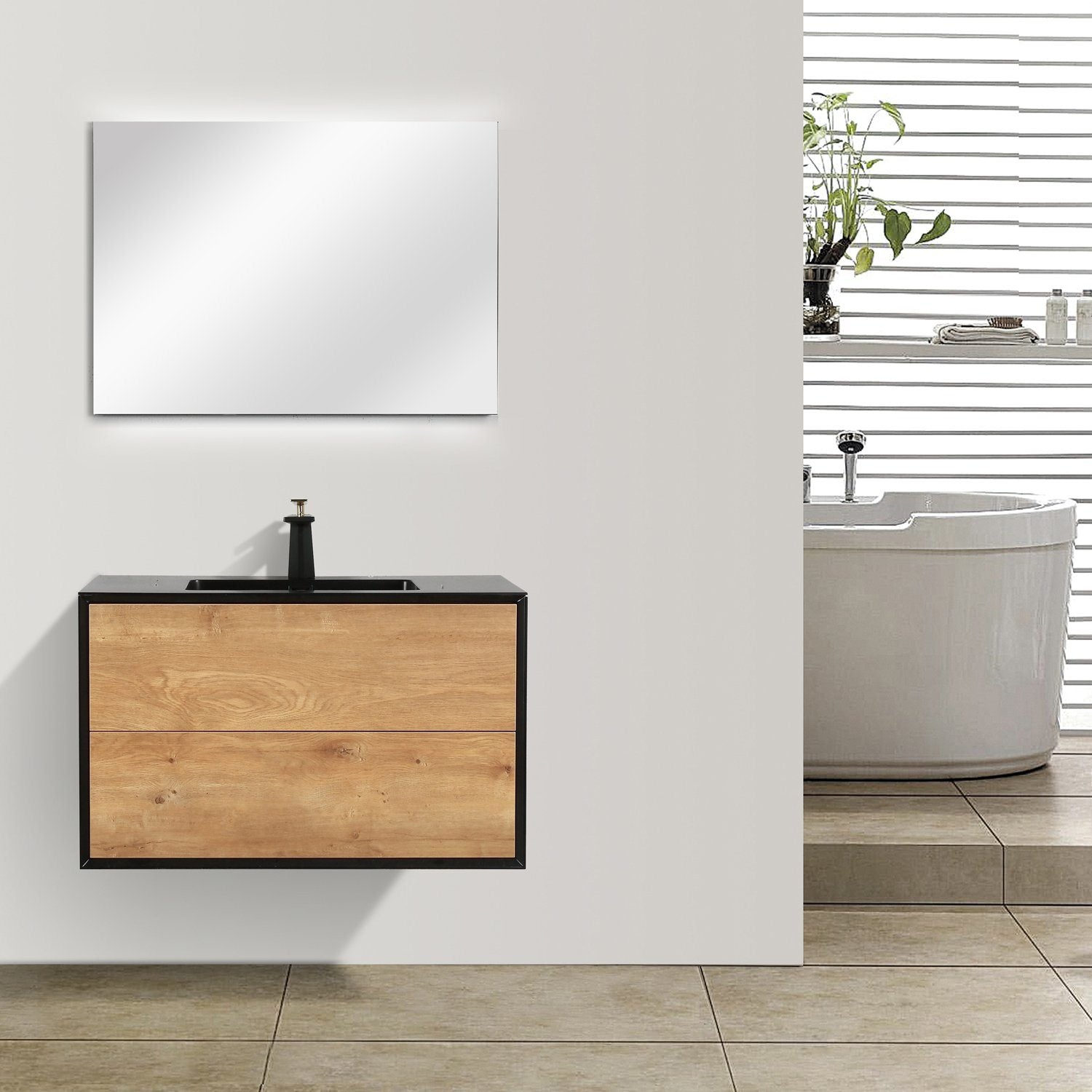 Corner Wall Mount Vanity, White Sink, Dark Oak Cabinet, Faucet and Drain