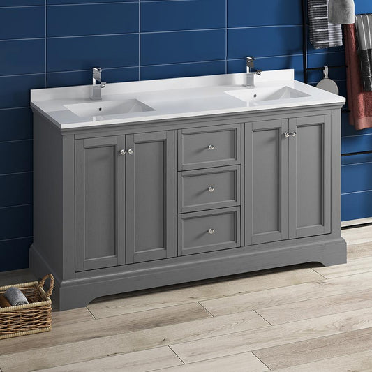 Fresca Windsor 60" Textured Traditional Double Sink Bathroom Cabinet w/ Top & Sinks - Luxe Bathroom Vanities