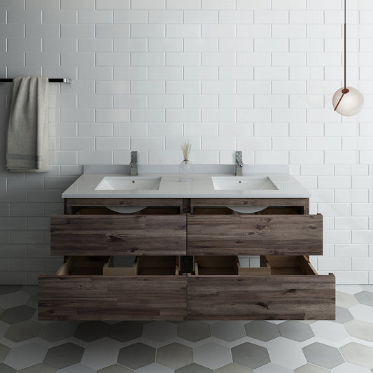 Fresca Formosa 60" Wall Hung Double Sink Modern Bathroom Cabinet w/ Top & Sinks - Luxe Bathroom Vanities