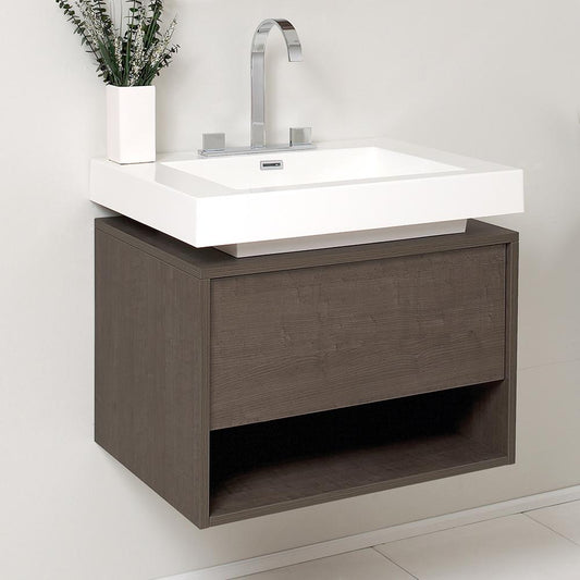 Fresca Potenza 28" Modern Gray Oak Bathroom Cabinet w/ Vessel Sink - Luxe Bathroom Vanities