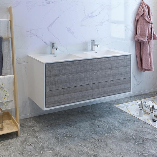 Fresca Catania 60" Wall Hung Modern Bathroom Cabinet w/ Integrated Double Sink - Luxe Bathroom Vanities
