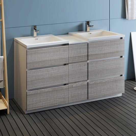 Fresca Lazzaro 60" Free Standing Double Sink Modern Bathroom Cabinet w/ Integrated Sinks - Luxe Bathroom Vanities