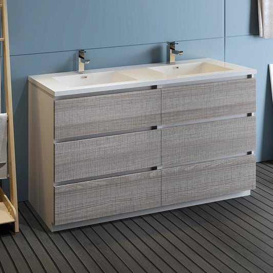 Fresca Lazzaro 60" Free Standing Modern Bathroom Cabinet w/ Integrated Double Sink - Luxe Bathroom Vanities