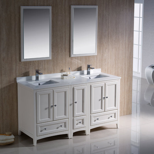 Fresca Oxford 60" Antique White Traditional Double Sink Bathroom Vanity w/ 5 Soft Close Doors - Luxe Bathroom Vanities