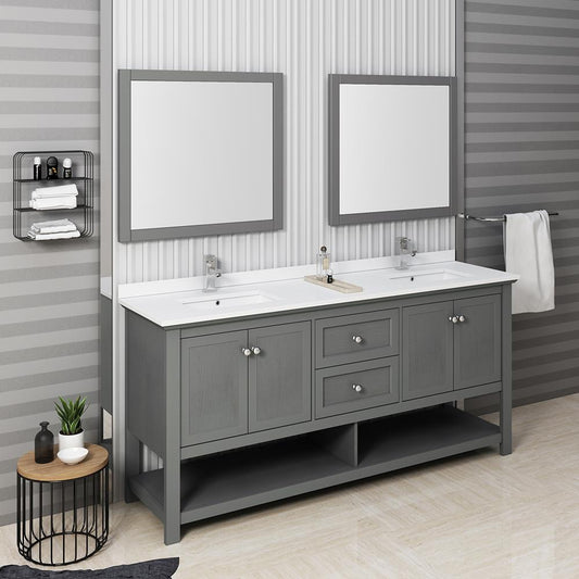 Fresca Manchester Regal 72" Gray Wood Veneer Traditional Double Sink Bathroom Vanity w/ Mirrors - Luxe Bathroom Vanities