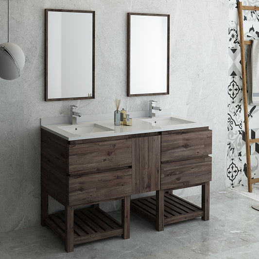 Fresca Formosa 60" Floor Standing Double Sink Modern Bathroom Vanity w/ Open Bottom & Mirrors 4 Drawers - Luxe Bathroom Vanities
