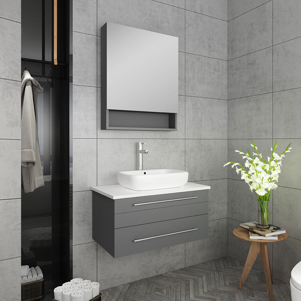 Fresca Lucera 30" Gray Wall Hung Vessel Sink Modern Bathroom Vanity w/ Medicine Cabinet - Luxe Bathroom Vanities