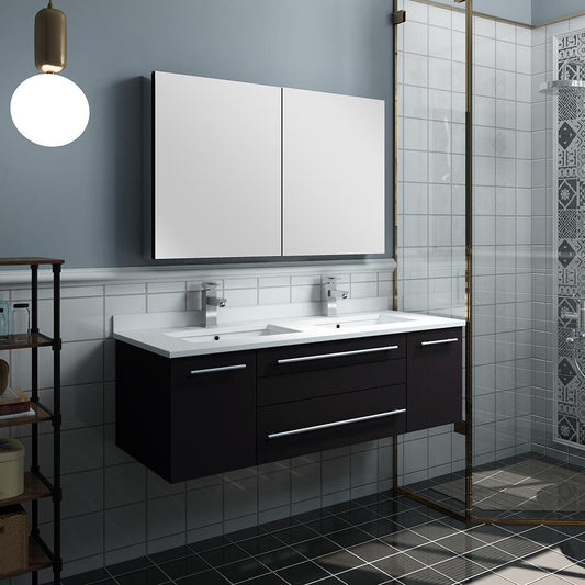 Fresca Lucera 48" Espresso Wall Hung Double Undermount Sink Modern Bathroom Vanity w/ Medicine Cabinet - Luxe Bathroom Vanities