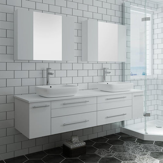 Fresca Lucera 72" White Wall Hung Double Vessel Sink Modern Bathroom Vanity w/ Medicine Cabinets - Luxe Bathroom Vanities