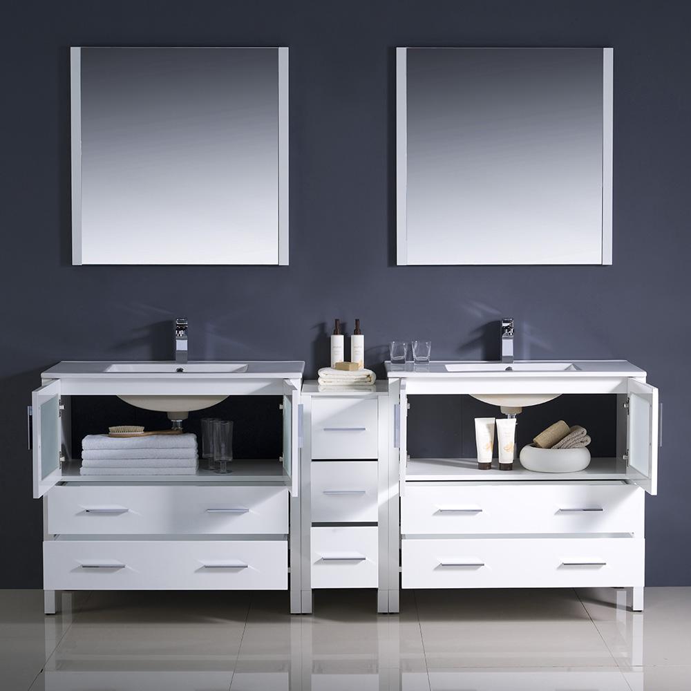 Fresca Torino 84" White Modern Double Sink Bathroom Vanity w/ Side Cabinet & Integrated Sinks - Luxe Bathroom Vanities