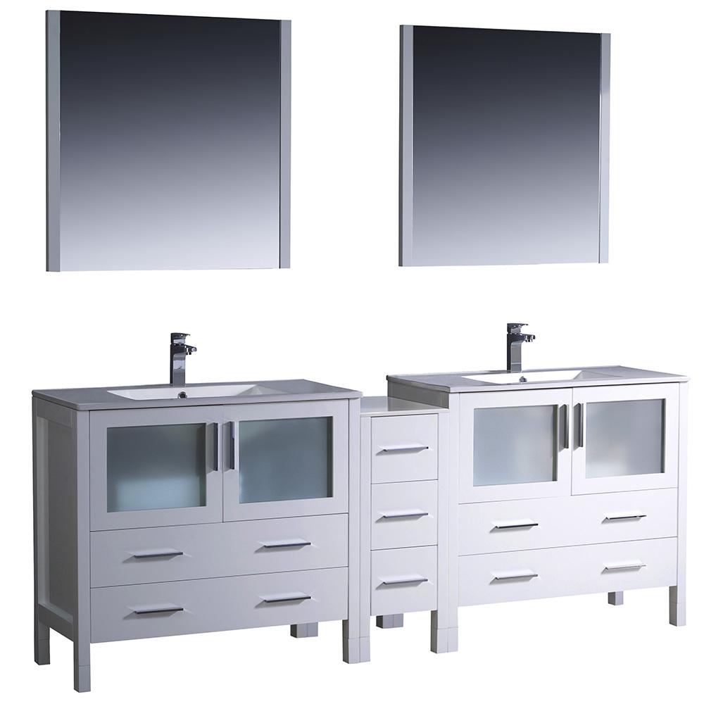 Fresca Torino 84" White Modern Double Sink Bathroom Vanity w/ Side Cabinet & Integrated Sinks - Luxe Bathroom Vanities