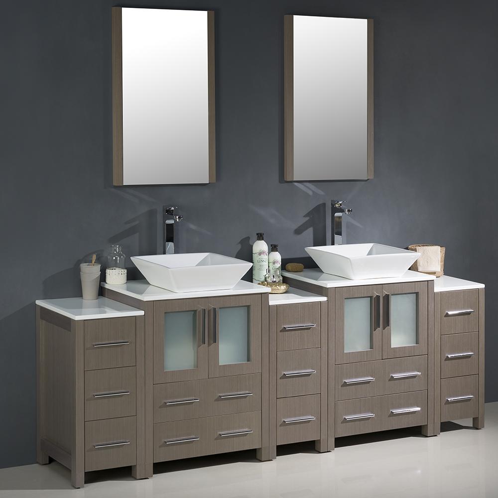 Fresca Torino 84" Gray Oak Modern Double Sink Bathroom Vanity w/ 3 Side Cabinets & Vessel Sinks - Luxe Bathroom Vanities