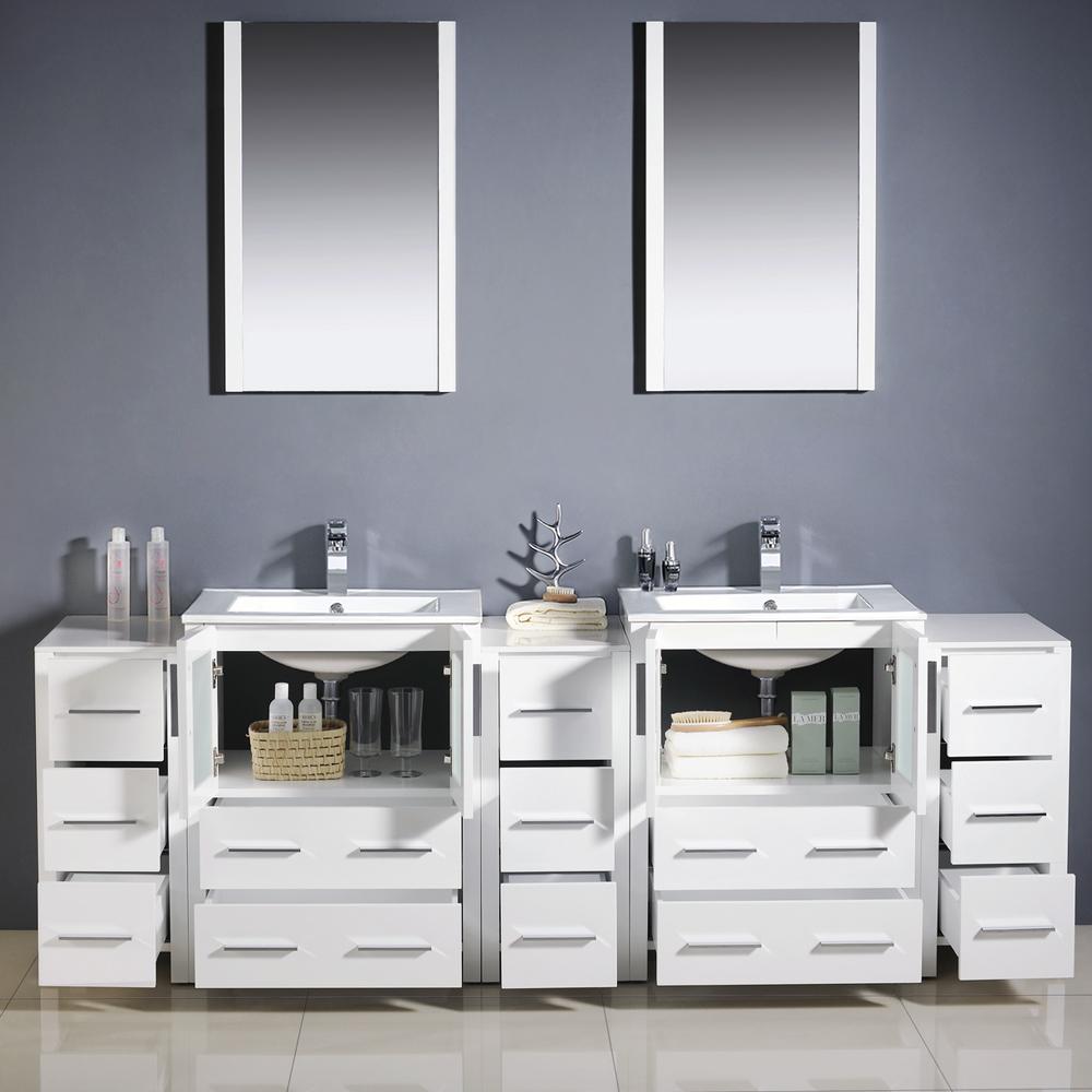Fresca Torino 84" White Modern Double Sink Bathroom Vanity w/ 3 Side Cabinets & Integrated Sinks - Luxe Bathroom Vanities