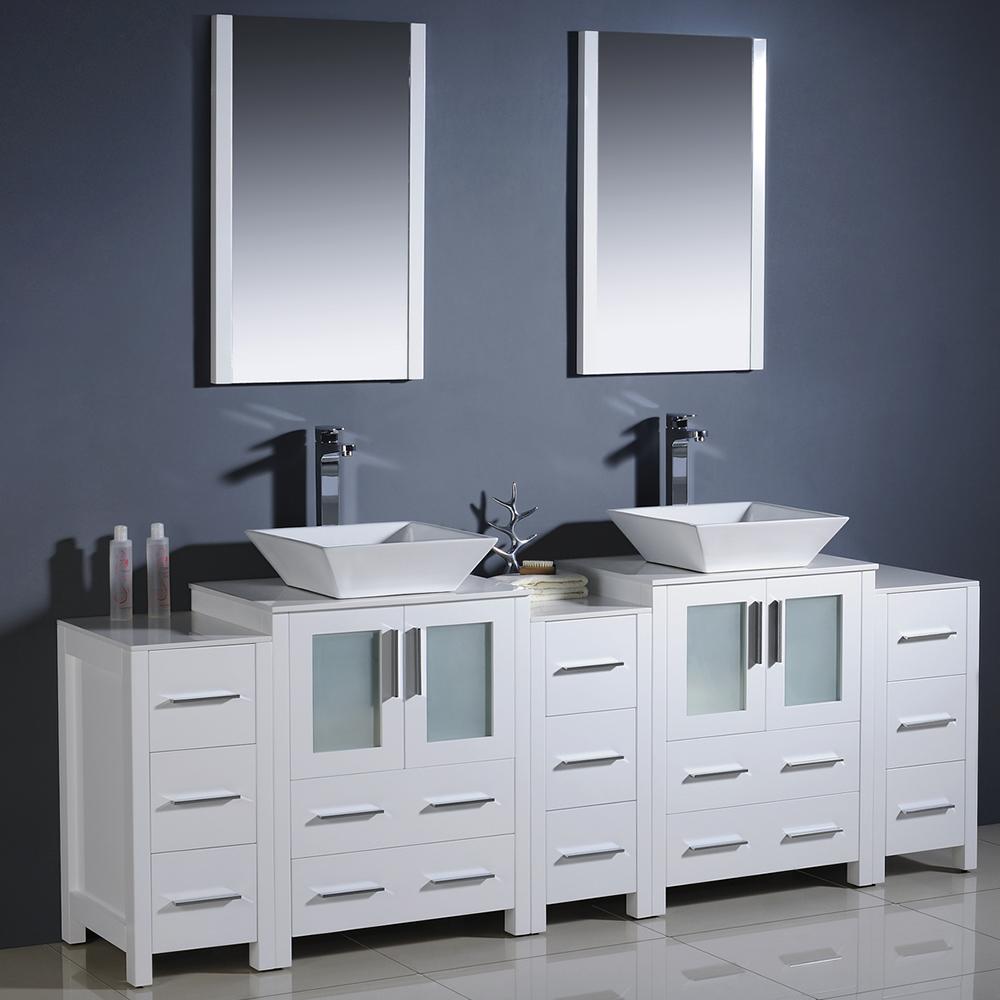 Fresca Torino 84" White Modern Double Sink Bathroom Vanity w/ 3 Side Cabinets & Vessel Sinks - Luxe Bathroom Vanities