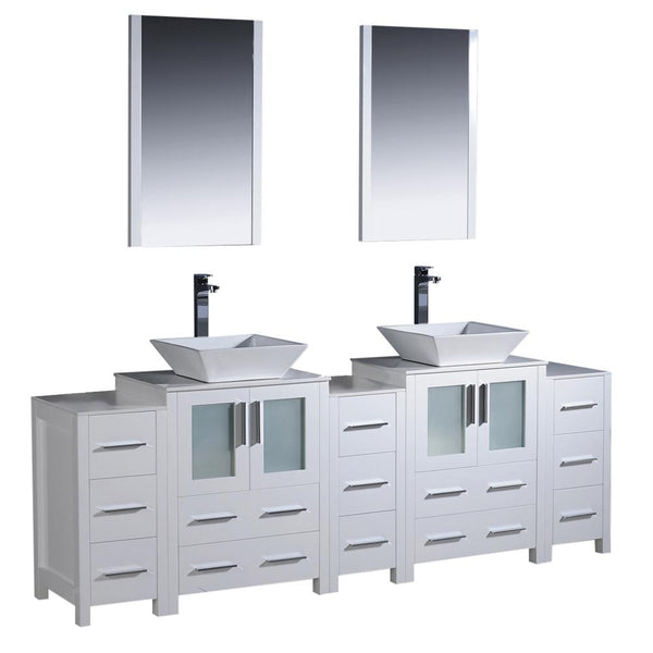 Fresca Torino 84" White Modern Double Sink Bathroom Vanity w/ 3 Side Cabinets & Vessel Sinks - Luxe Bathroom Vanities