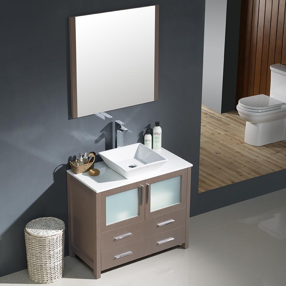Fresca Torino 36" Gray Oak Modern Bathroom Vanity w/ Vessel Sink - Luxe Bathroom Vanities