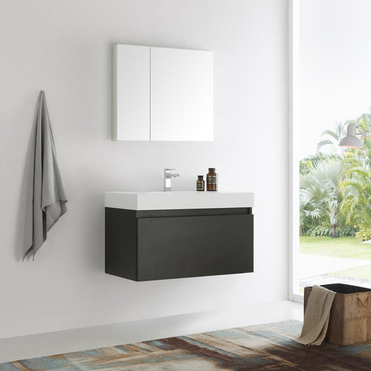 Fresca Mezzo 36" Black Wall Hung Modern Bathroom Vanity w/ Medicine Cabinet - Luxe Bathroom Vanities