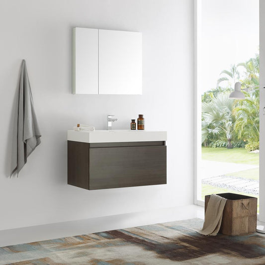 Fresca Mezzo 36" Gray Oak Wall Hung Modern Bathroom Vanity w/ Medicine Cabinet - Luxe Bathroom Vanities