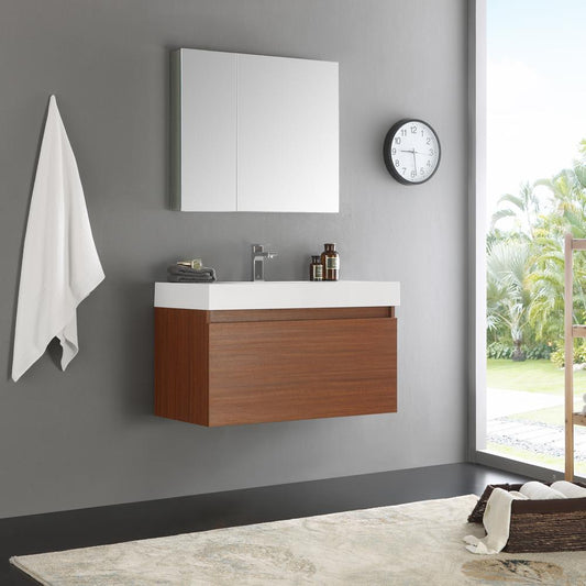 Fresca Mezzo 36" Teak Wall Hung Modern Bathroom Vanity w/ Medicine Cabinet - Luxe Bathroom Vanities