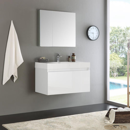 Fresca Mezzo 36" White Wall Hung Modern Bathroom Vanity w/ Medicine Cabinet - Luxe Bathroom Vanities