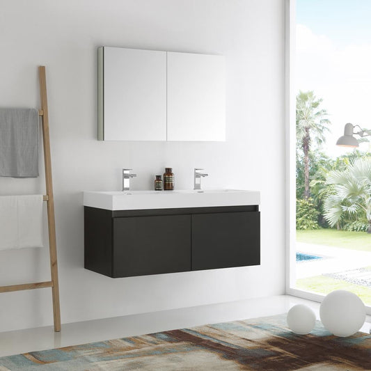 Fresca Mezzo 48" Black Wall Hung Double Sink Modern Bathroom Vanity w/ Medicine Cabinet - Luxe Bathroom Vanities