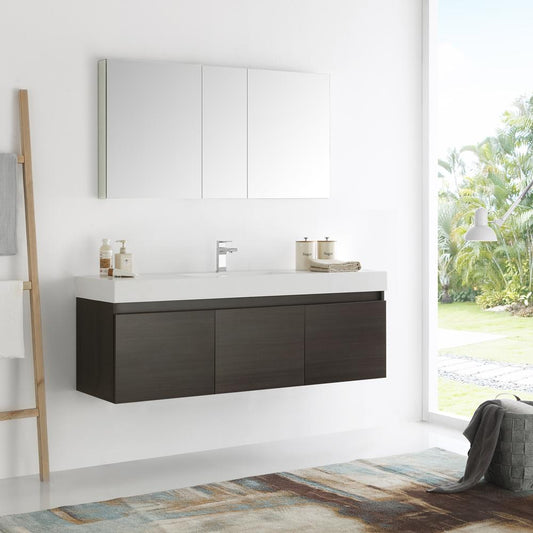 Fresca Mezzo 60" Gray Oak Wall Hung Single Sink Modern Bathroom Vanity w/ Medicine Cabinet - Luxe Bathroom Vanities