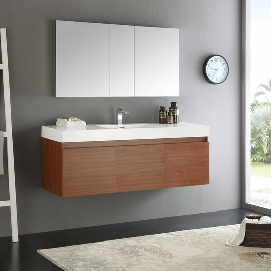 Fresca Mezzo 60" Teak Wall Hung Single Sink Modern Bathroom Vanity w/ Medicine Cabinet - Luxe Bathroom Vanities