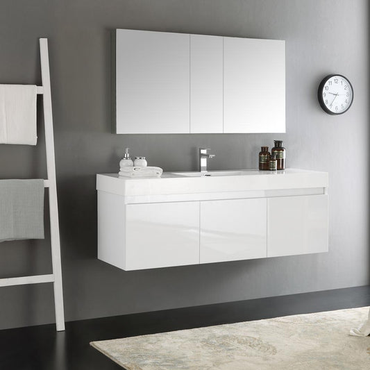 Fresca Mezzo 60" White Wall Hung Single Sink Modern Bathroom Vanity w/ Medicine Cabinet - Luxe Bathroom Vanities