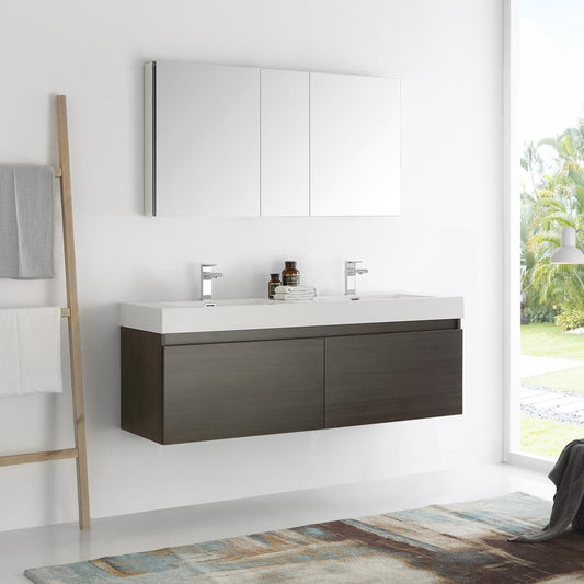 Fresca Mezzo 60" Gray Oak Wall Hung Double Sink Modern Bathroom Vanity w/ Medicine Cabinet - Luxe Bathroom Vanities
