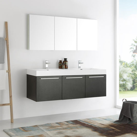 Fresca Vista 60" Black Wall Hung Double Sink Modern Bathroom Vanity w/ Medicine Cabinet - Luxe Bathroom Vanities