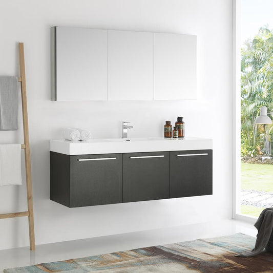 Fresca Vista 60" Black Wall Hung Single Sink Modern Bathroom Vanity w/ Medicine Cabinet - Luxe Bathroom Vanities