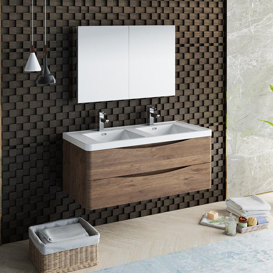 Fresca Tuscany 48" Rosewood Wall Hung Double Sink Modern Bathroom Vanity w/ Medicine Cabinet - Luxe Bathroom Vanities