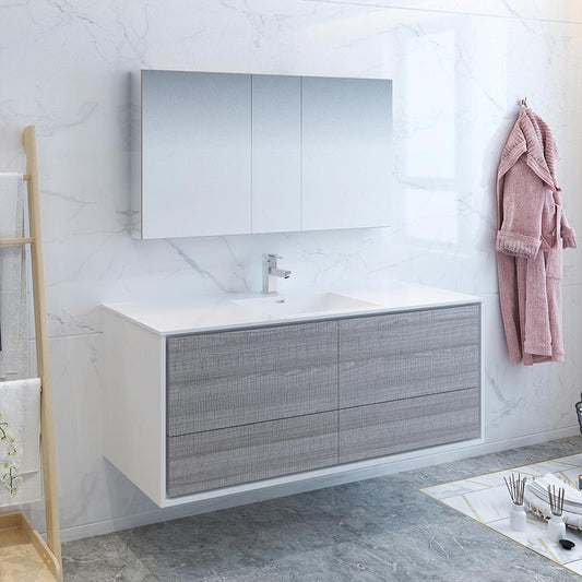 Fresca Catania 60" Glossy Ash Gray Wall Hung Single Sink Modern Bathroom Vanity w/ Medicine Cabinet - Luxe Bathroom Vanities