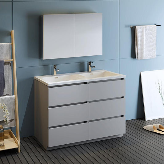 Fresca Lazzaro 48" Gray Free Standing Double Sink Modern Bathroom Vanity w/ Medicine Cabinet - Luxe Bathroom Vanities