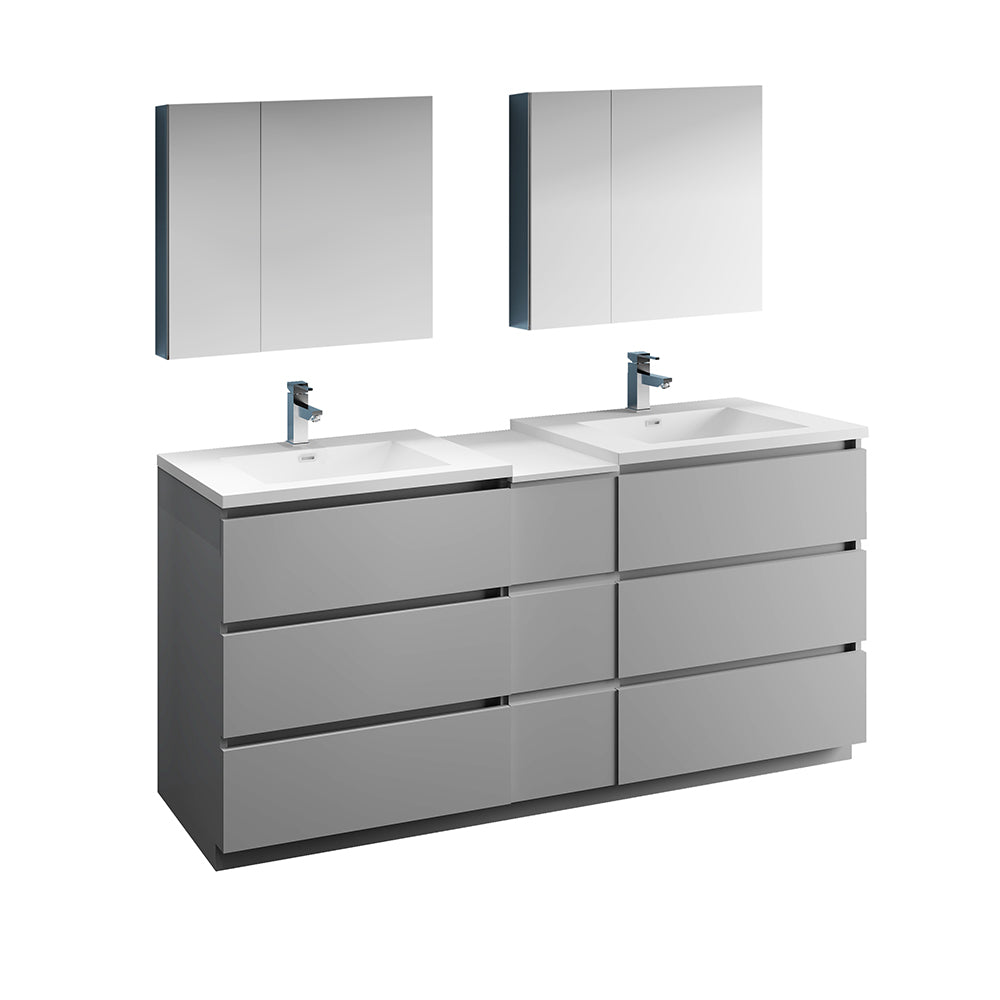 Fresca Lazzaro 72" Gray Free Standing Double Sink Modern Bathroom Vanity w/ Medicine Cabinet & 6 Drawers - Luxe Bathroom Vanities
