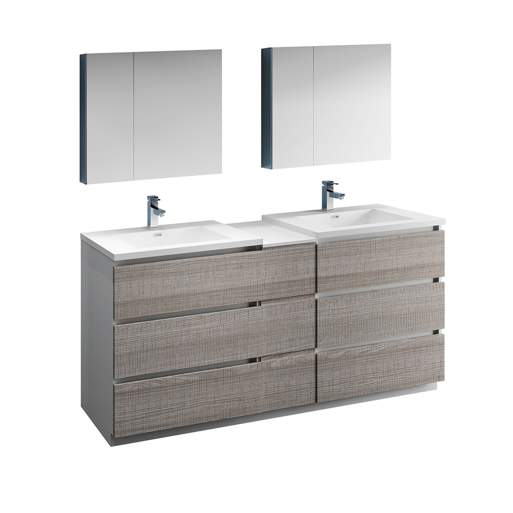 Fresca Lazzaro 72" Glossy Ash Gray Free Standing Double Sink Modern Bathroom Vanity w/ Medicine Cabinet & 6 Drawers - Luxe Bathroom Vanities