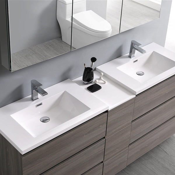 Fresca Lazzaro 72" Gray Wood Free Standing Double Sink Modern Bathroom Vanity w/ Medicine Cabinet & 6 Drawers - Luxe Bathroom Vanities
