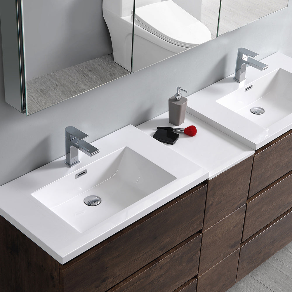 Fresca Lazzaro 72" Rosewood Free Standing Double Sink Modern Bathroom Vanity w/ Medicine Cabinet & 6 Drawers - Luxe Bathroom Vanities