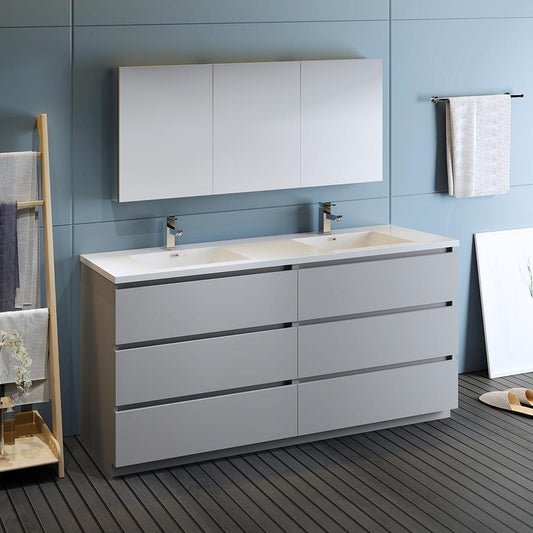 Fresca Lazzaro 72" Gray Free Standing Double Sink Modern Bathroom Vanity w/ Medicine Cabinet - Luxe Bathroom Vanities